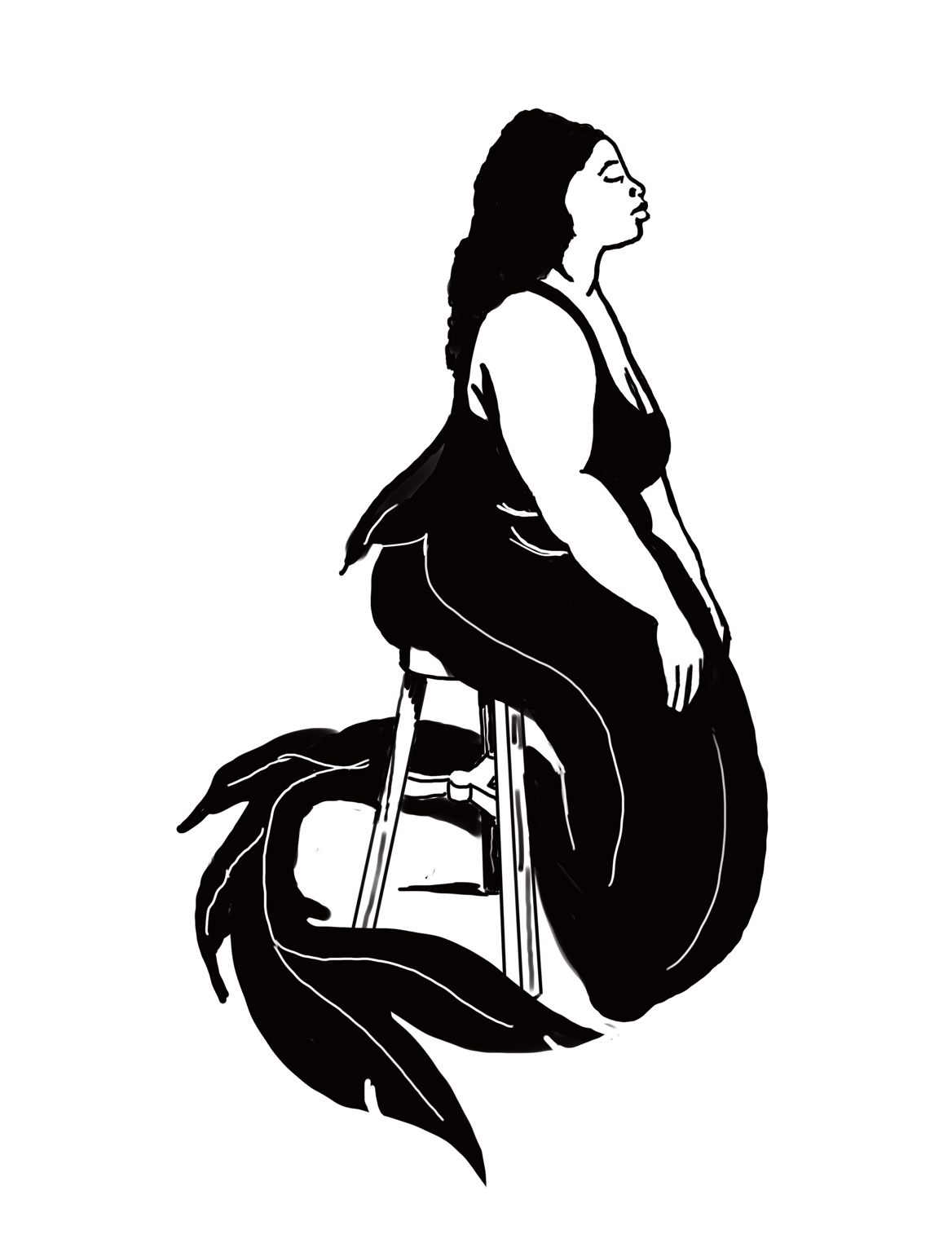 Atelierschets voor Dutch Mermaid IV, een zittende vrouw met lange zeemeerminstaart